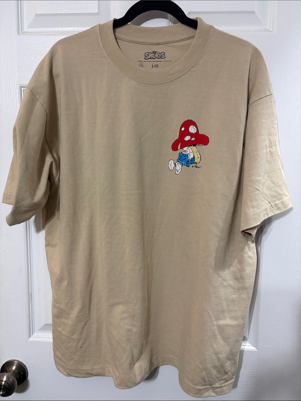 Distressed Beige Graphic Tee with smurfs - Men’s Casual Shirt